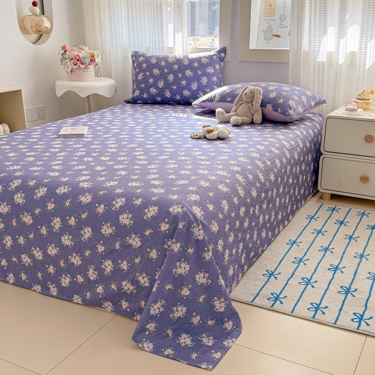 91家纺网 家纺一手货源 找家纺 丽美人家纺 2026新款A类皱皱双层纱印花单床单床单单件 浅紫花绒