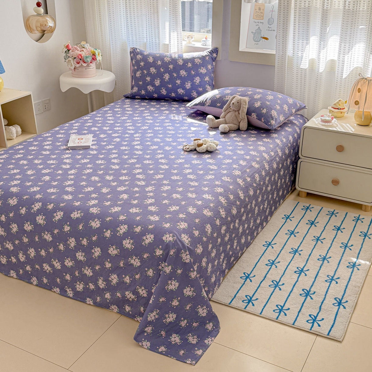 91家纺网 家纺一手货源 找家纺 丽美人家纺 2026新款A类皱皱双层纱印花单床单床单单件 浅紫花绒