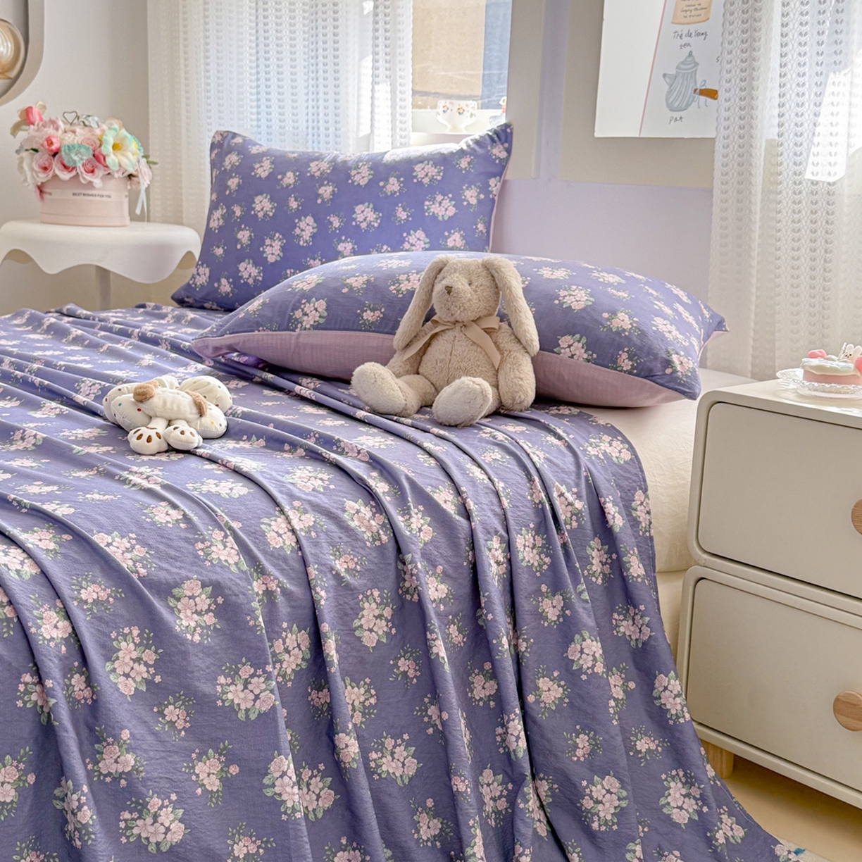 91家纺网 家纺一手货源 找家纺 丽美人家纺 2026新款A类皱皱双层纱印花单床单床单单件 浅紫花绒