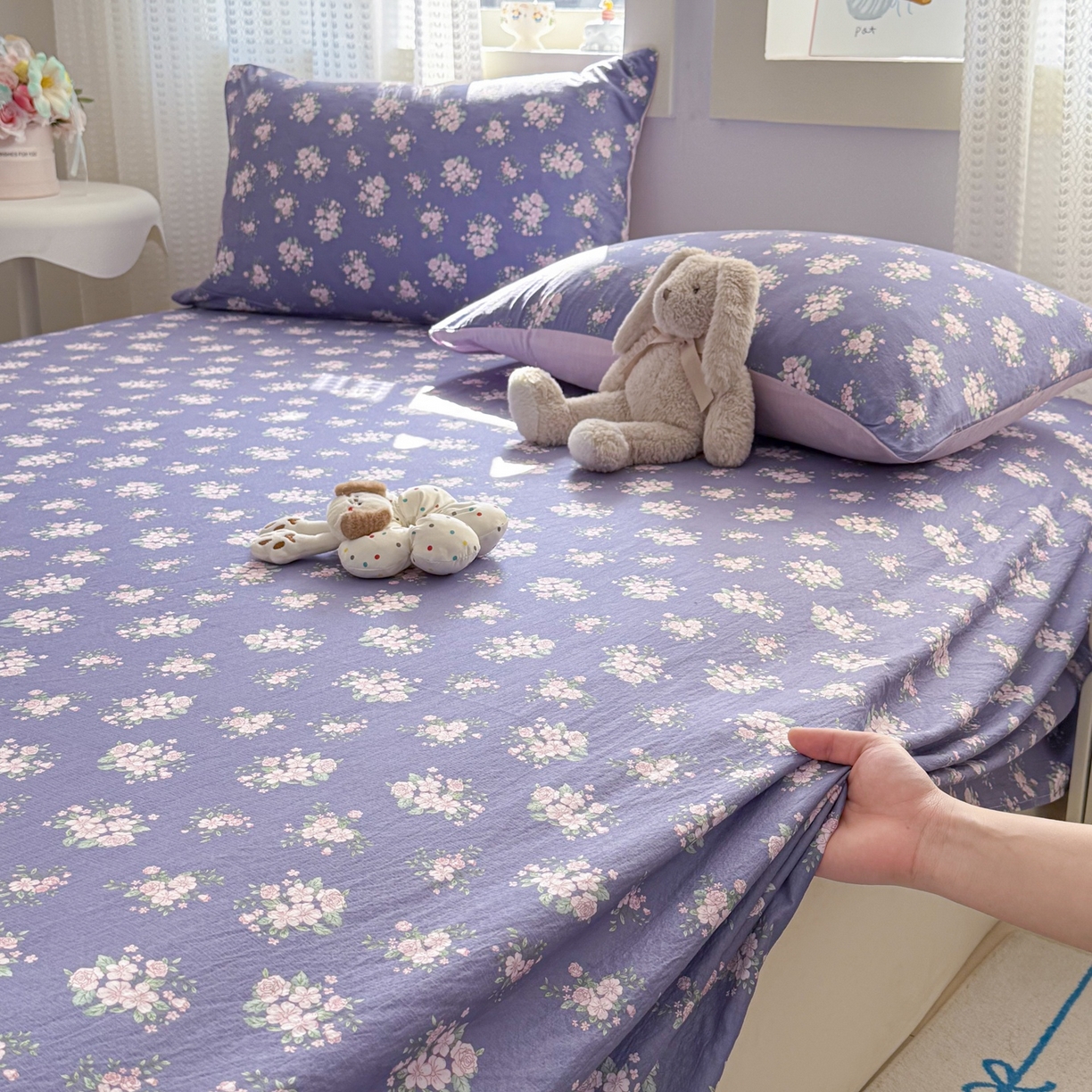 91家纺网 家纺一手货源 找家纺 丽美人家纺 2026新款A类皱皱双层纱印花单床单床单单件 浅紫花绒