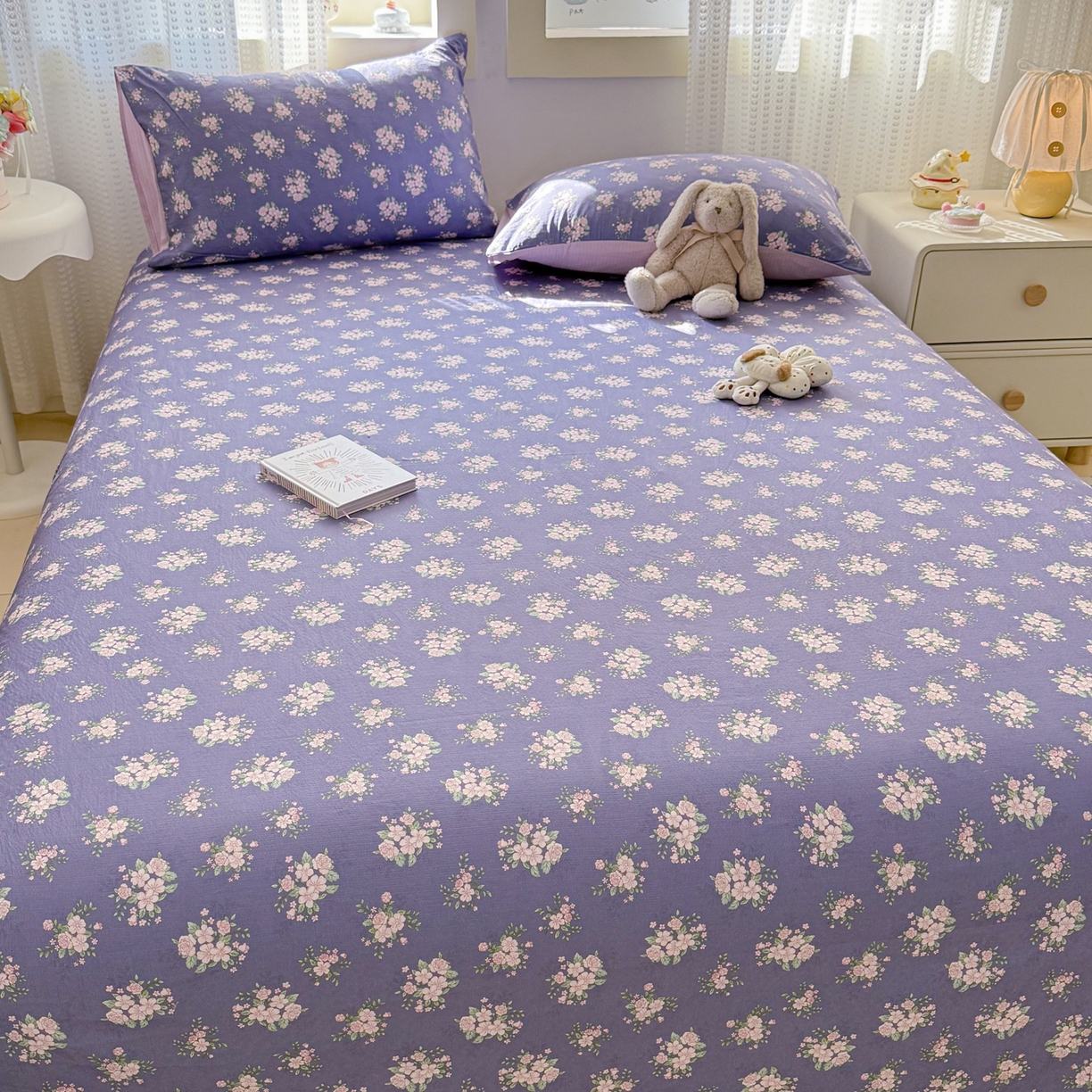 91家纺网 家纺一手货源 找家纺 丽美人家纺 2026新款A类皱皱双层纱印花单床单床单单件 浅紫花绒