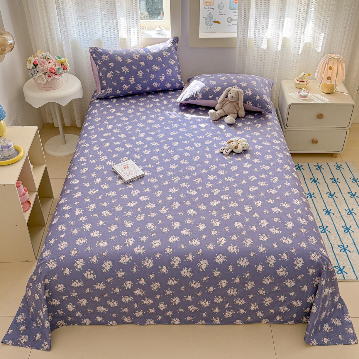 91家纺网 家纺一手货源 找家纺 丽美人家纺 2026新款A类皱皱双层纱印花单床单床单单件 浅紫花绒