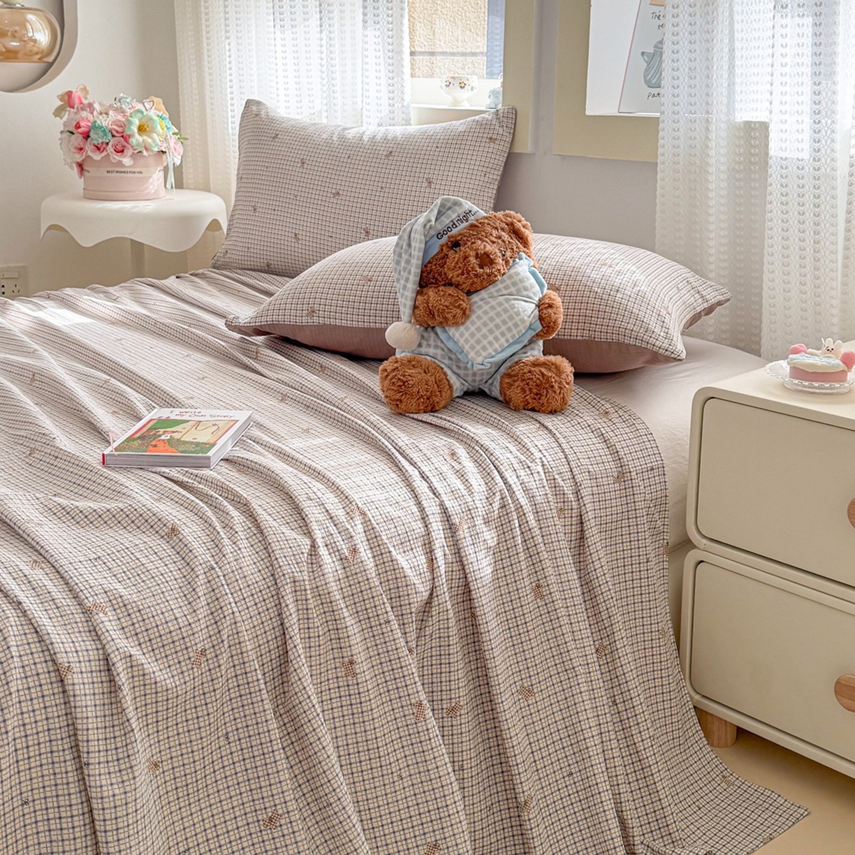 91家纺网 家纺一手货源 找家纺 丽美人家纺 2026新款A类皱皱双层纱印花单床单床单单件 柔格小狗