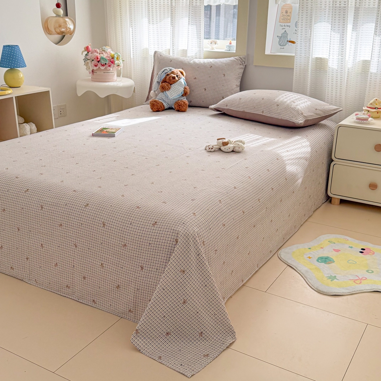 91家纺网 家纺一手货源 找家纺 丽美人家纺 2026新款A类皱皱双层纱印花单床单床单单件 柔格小狗