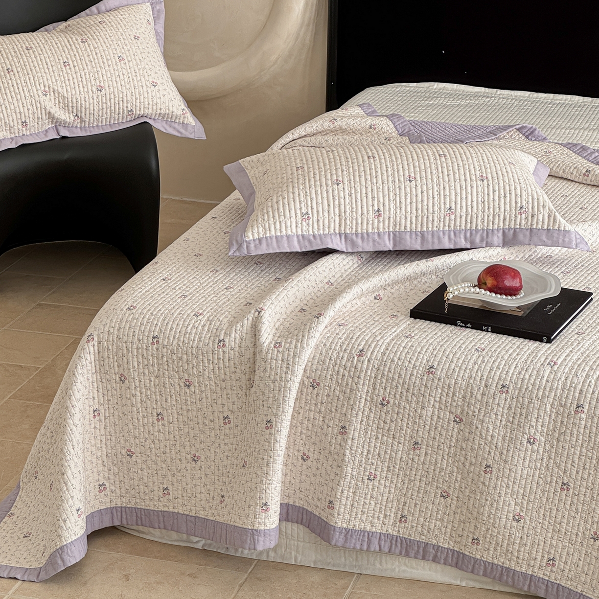 91家纺网 家纺一手货源 找家纺 床盖工厂店 2026春夏新款双面100%全棉填充棉花床盖三件套 栀夏