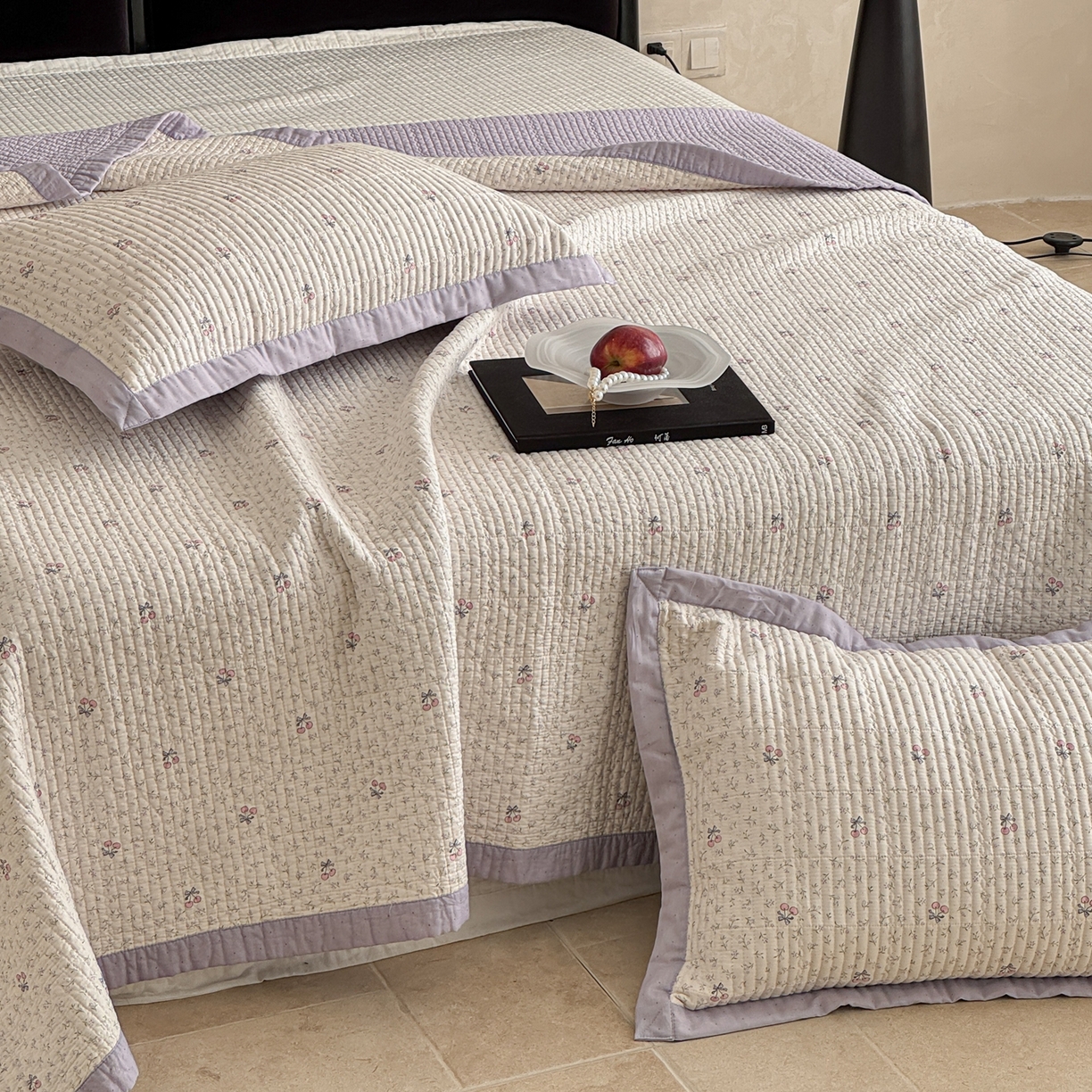 91家纺网 家纺一手货源 找家纺 床盖工厂店 2026春夏新款双面100%全棉填充棉花床盖三件套 栀夏