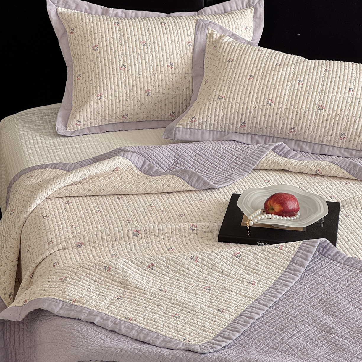 91家纺网 家纺一手货源 找家纺 床盖工厂店 2026春夏新款双面100%全棉填充棉花床盖三件套 栀夏