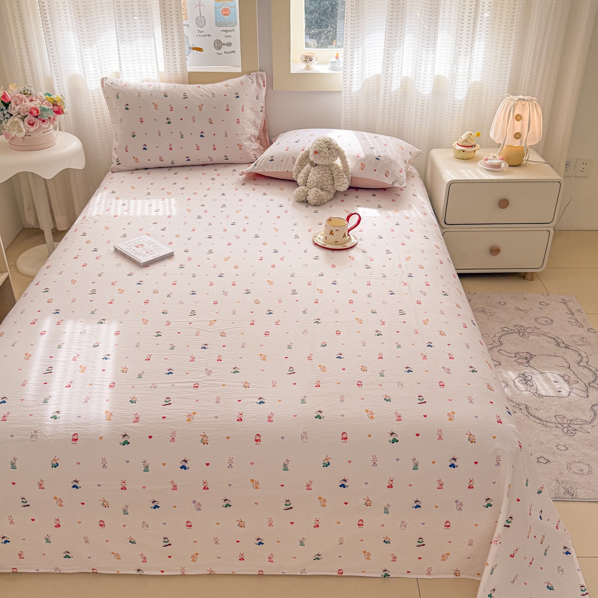 91家纺网 家纺一手货源 找家纺 丽美人家纺 2026新款A类皱皱双层纱印花单床单床单单件 桃心萌兔集