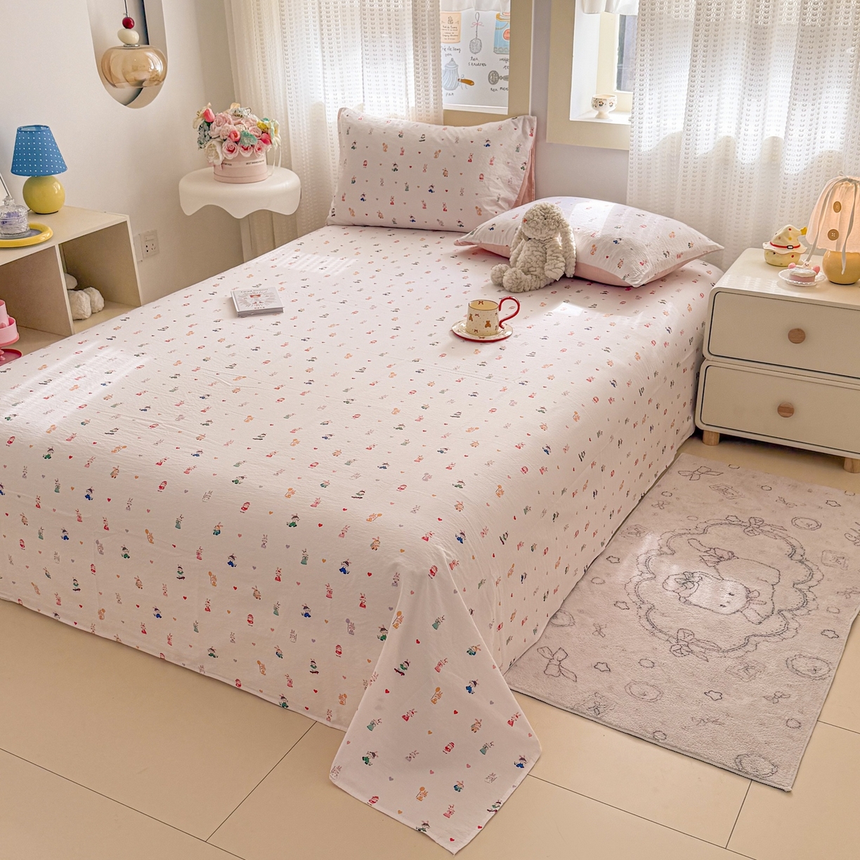 91家纺网 家纺一手货源 找家纺 丽美人家纺 2026新款A类皱皱双层纱印花单床单床单单件 桃心萌兔集