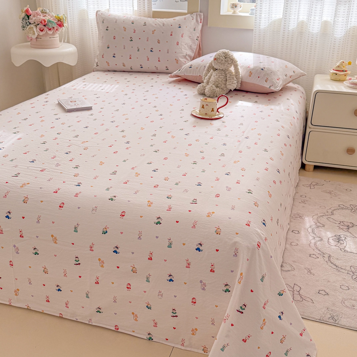 91家纺网 家纺一手货源 找家纺 丽美人家纺 2026新款A类皱皱双层纱印花单床单床单单件 桃心萌兔集