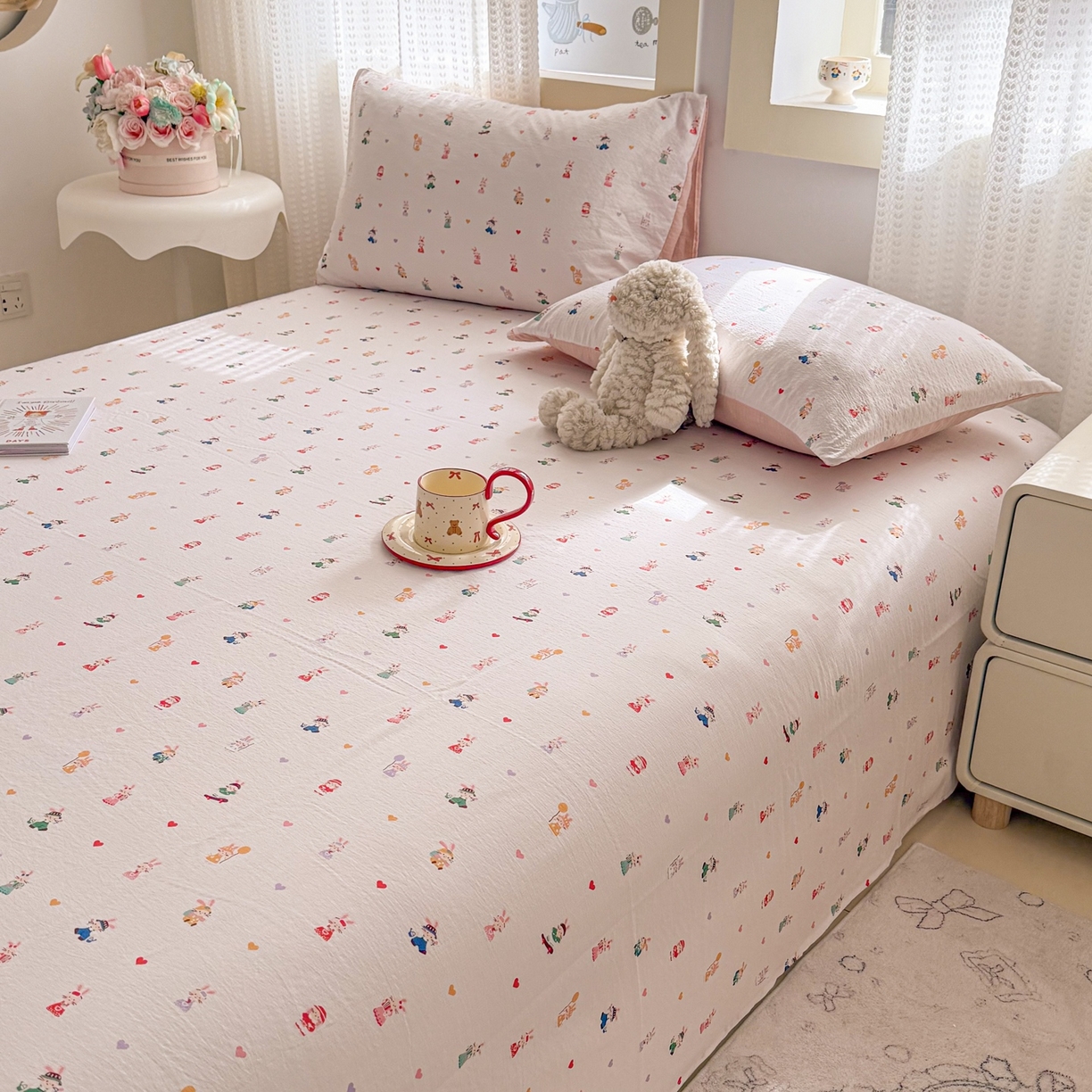 91家纺网 家纺一手货源 找家纺 丽美人家纺 2026新款A类皱皱双层纱印花单床单床单单件 桃心萌兔集