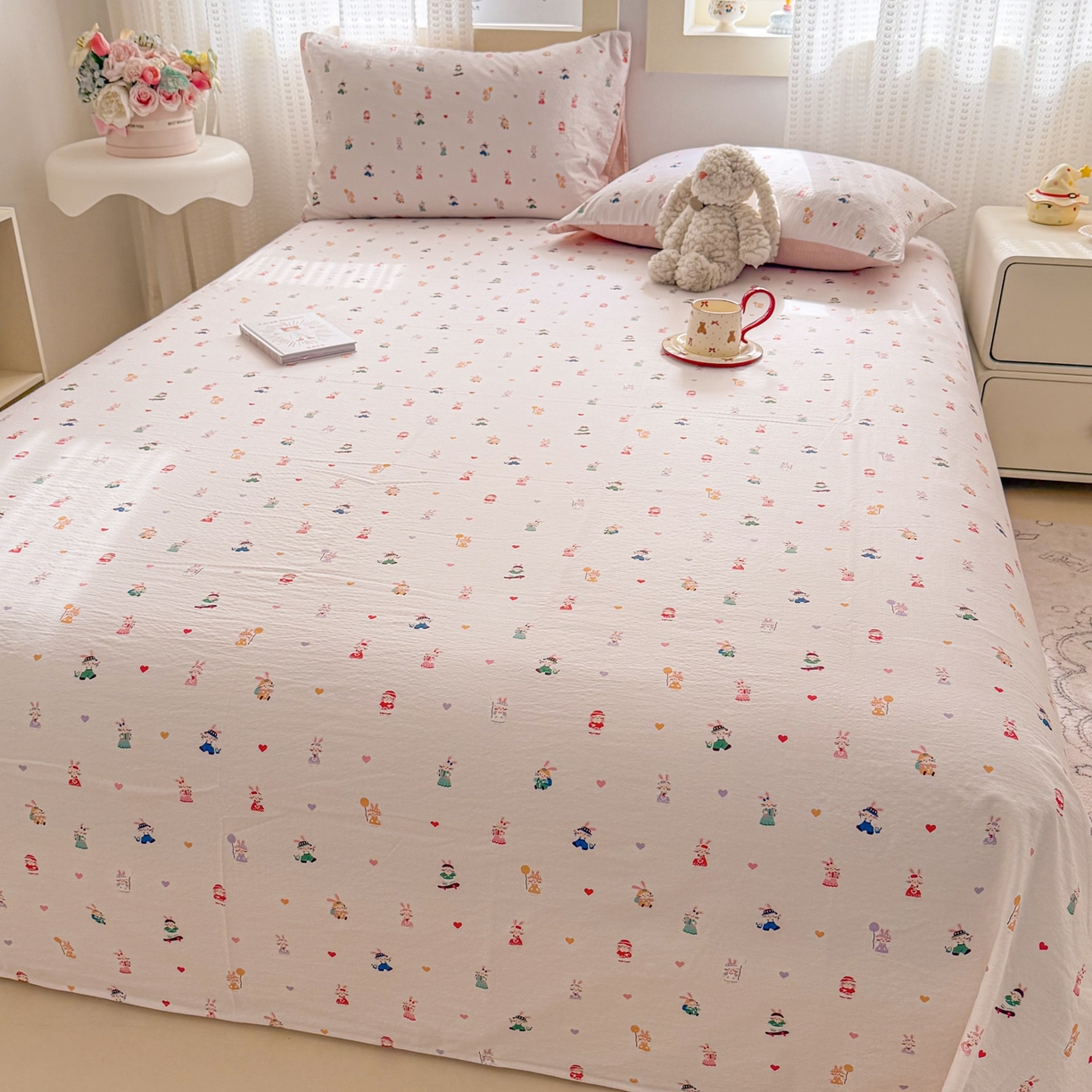 91家纺网 家纺一手货源 找家纺 丽美人家纺 2026新款A类皱皱双层纱印花单床单床单单件 桃心萌兔集