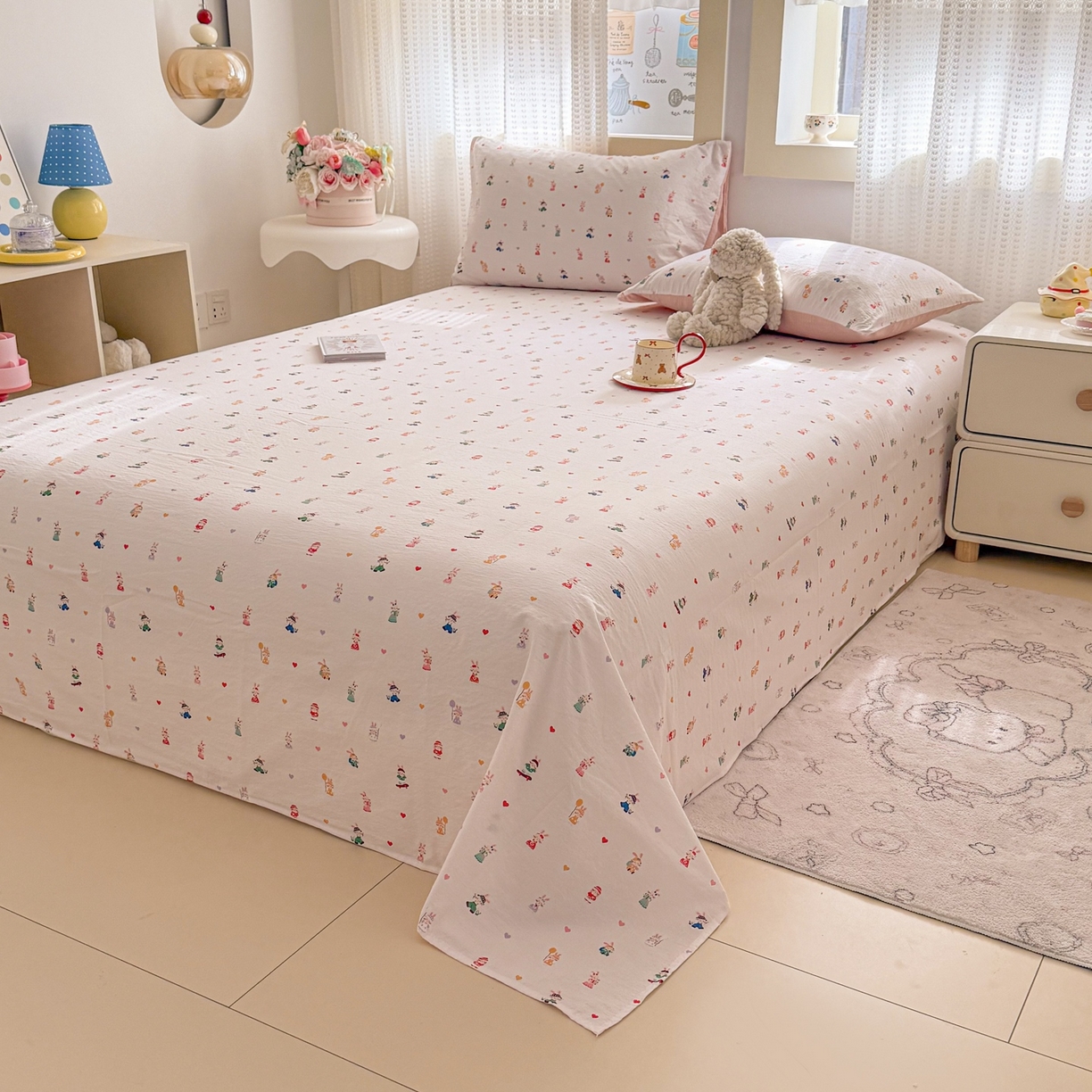 91家纺网 家纺一手货源 找家纺 丽美人家纺 2026新款A类皱皱双层纱印花单床单床单单件 桃心萌兔集