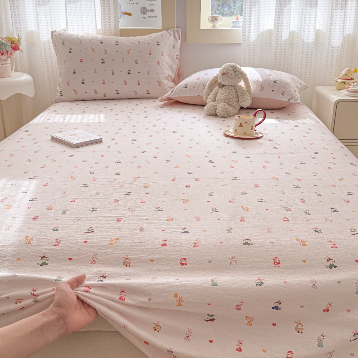 91家纺网 家纺一手货源 找家纺 丽美人家纺 2026新款A类皱皱双层纱印花单床单床单单件 桃心萌兔集