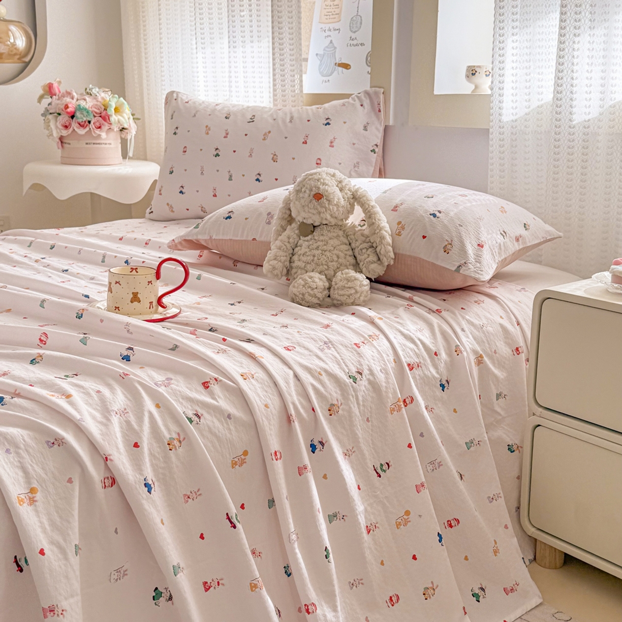 91家纺网 家纺一手货源 找家纺 丽美人家纺 2026新款A类皱皱双层纱印花单床单床单单件 桃心萌兔集