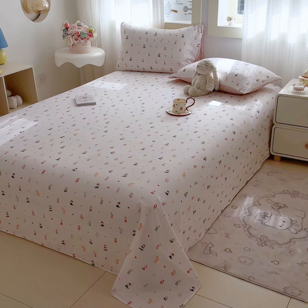 91家纺网 家纺一手货源 找家纺 丽美人家纺 2026新款A类皱皱双层纱印花单床单床单单件 桃心萌兔集