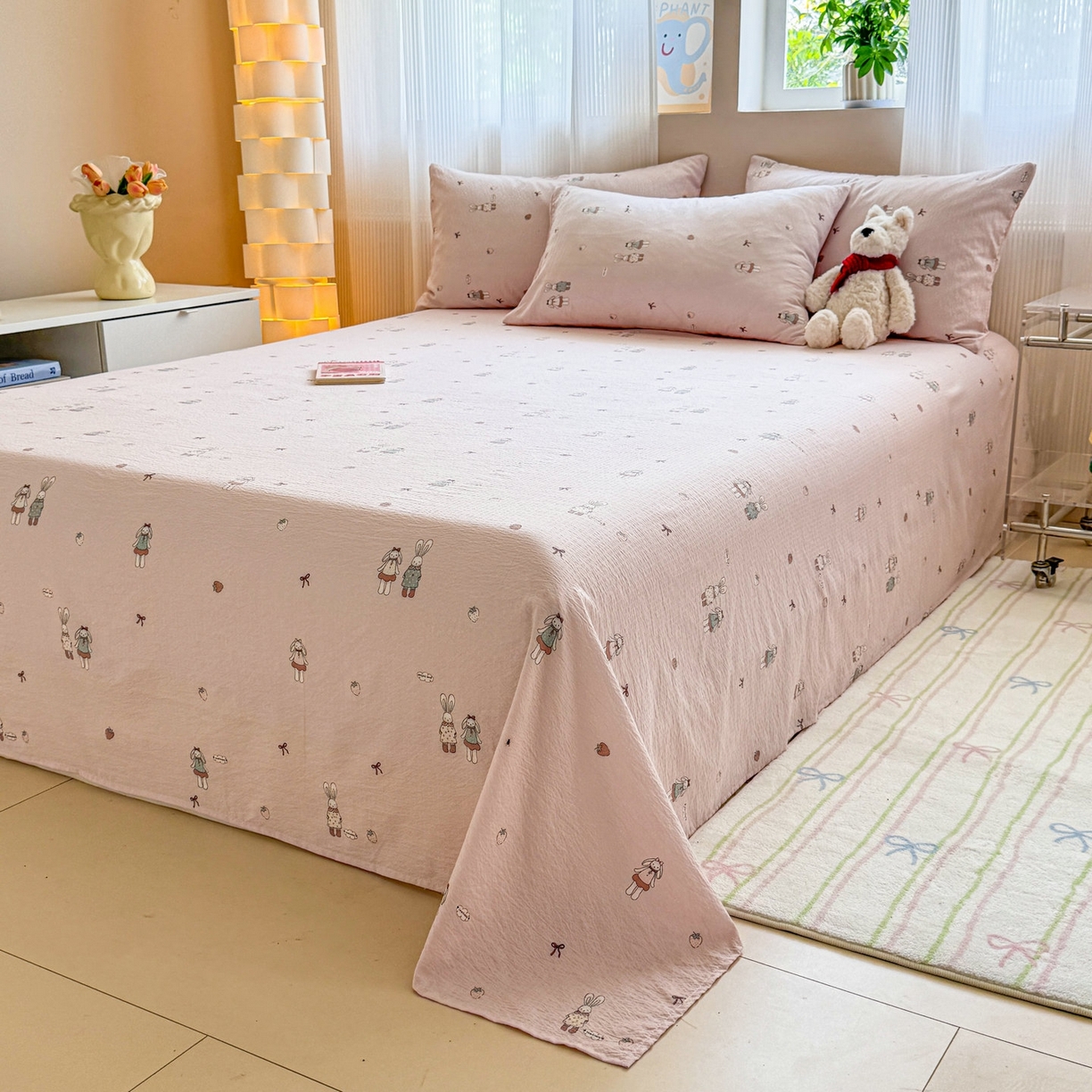 91家纺网 家纺一手货源 找家纺 丽美人家纺 2026新款A类皱皱双层纱印花单床单床单单件 兔小姐