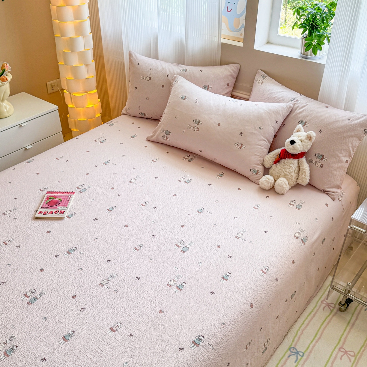 91家纺网 家纺一手货源 找家纺 丽美人家纺 2026新款A类皱皱双层纱印花单床单床单单件 兔小姐