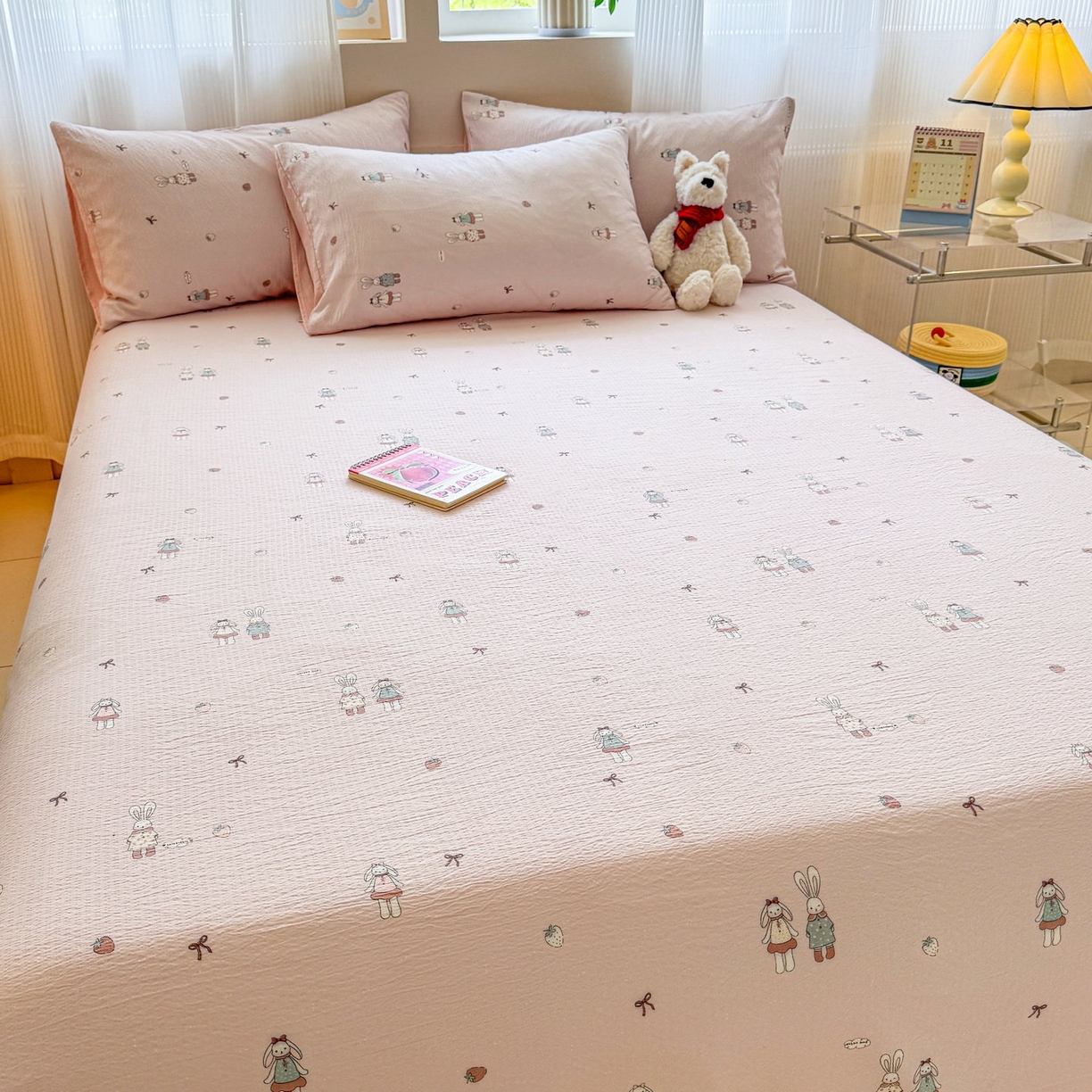 91家纺网 家纺一手货源 找家纺 丽美人家纺 2026新款A类皱皱双层纱印花单床单床单单件 兔小姐