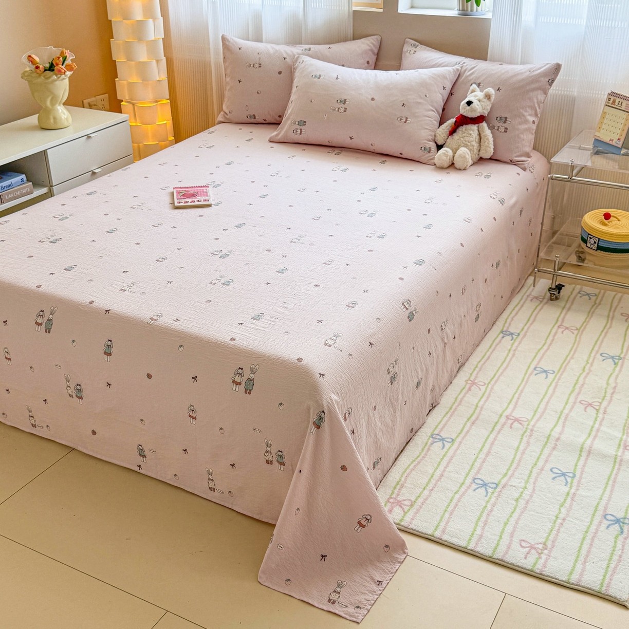 91家纺网 家纺一手货源 找家纺 丽美人家纺 2026新款A类皱皱双层纱印花单床单床单单件 兔小姐