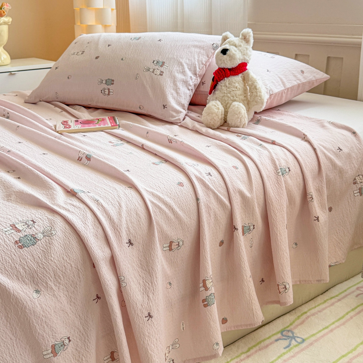 91家纺网 家纺一手货源 找家纺 丽美人家纺 2026新款A类皱皱双层纱印花单床单床单单件 兔小姐