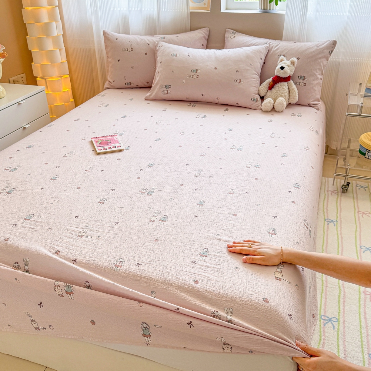 91家纺网 家纺一手货源 找家纺 丽美人家纺 2026新款A类皱皱双层纱印花单床单床单单件 兔小姐