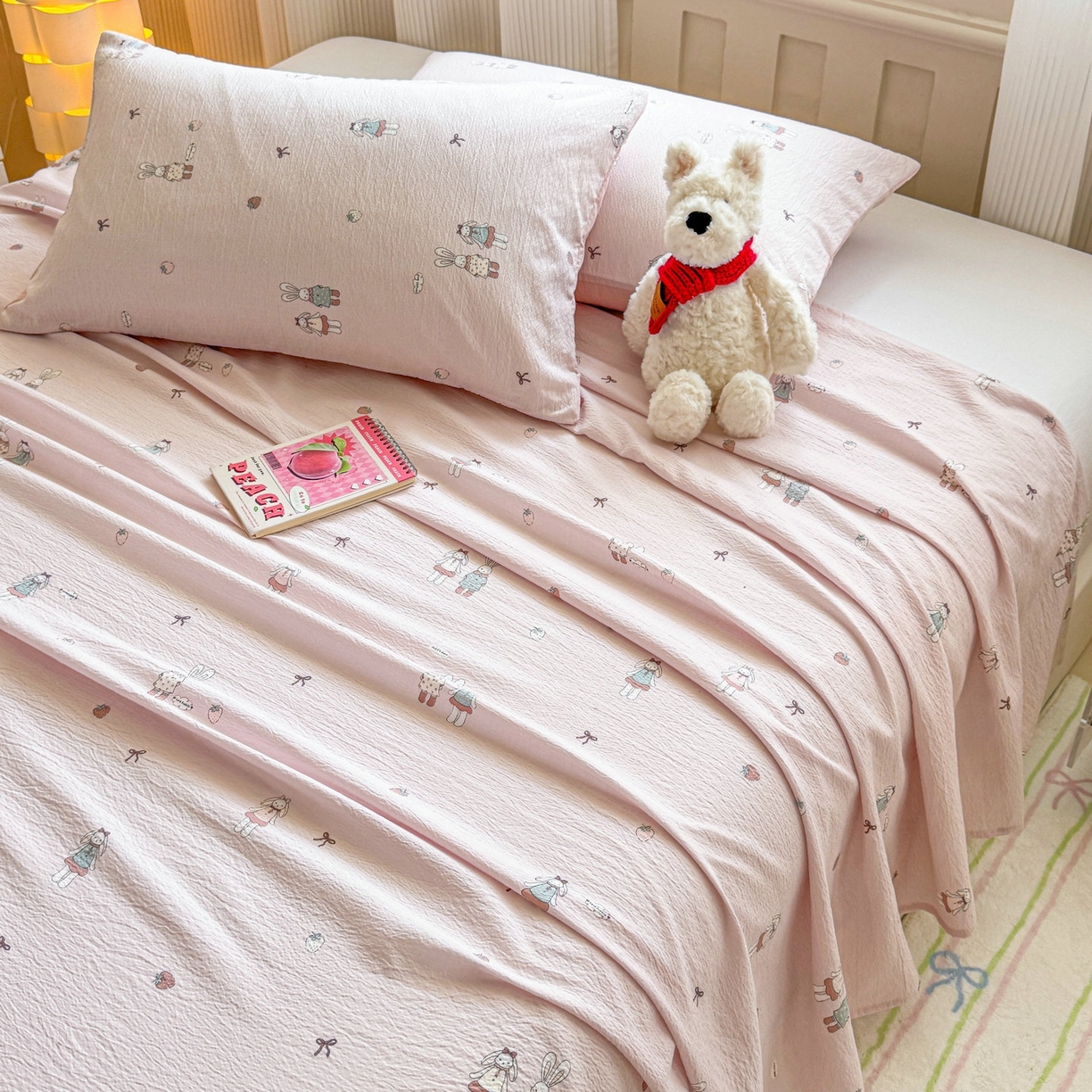 91家纺网 家纺一手货源 找家纺 丽美人家纺 2026新款A类皱皱双层纱印花单床单床单单件 兔小姐