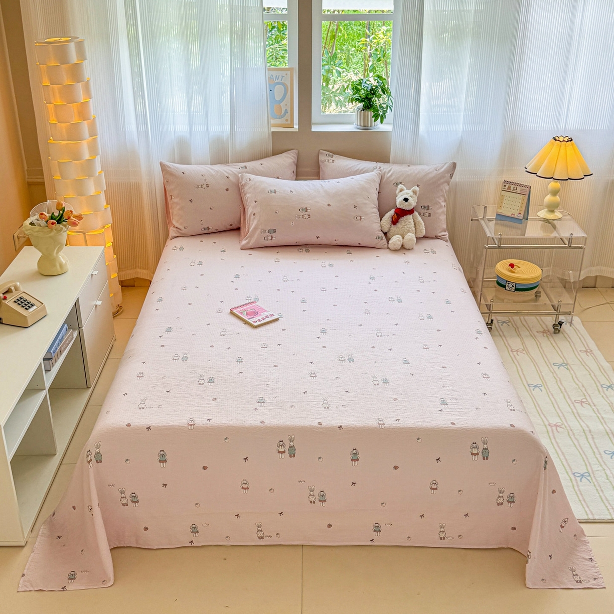 91家纺网 家纺一手货源 找家纺 丽美人家纺 2026新款A类皱皱双层纱印花单床单床单单件 兔小姐