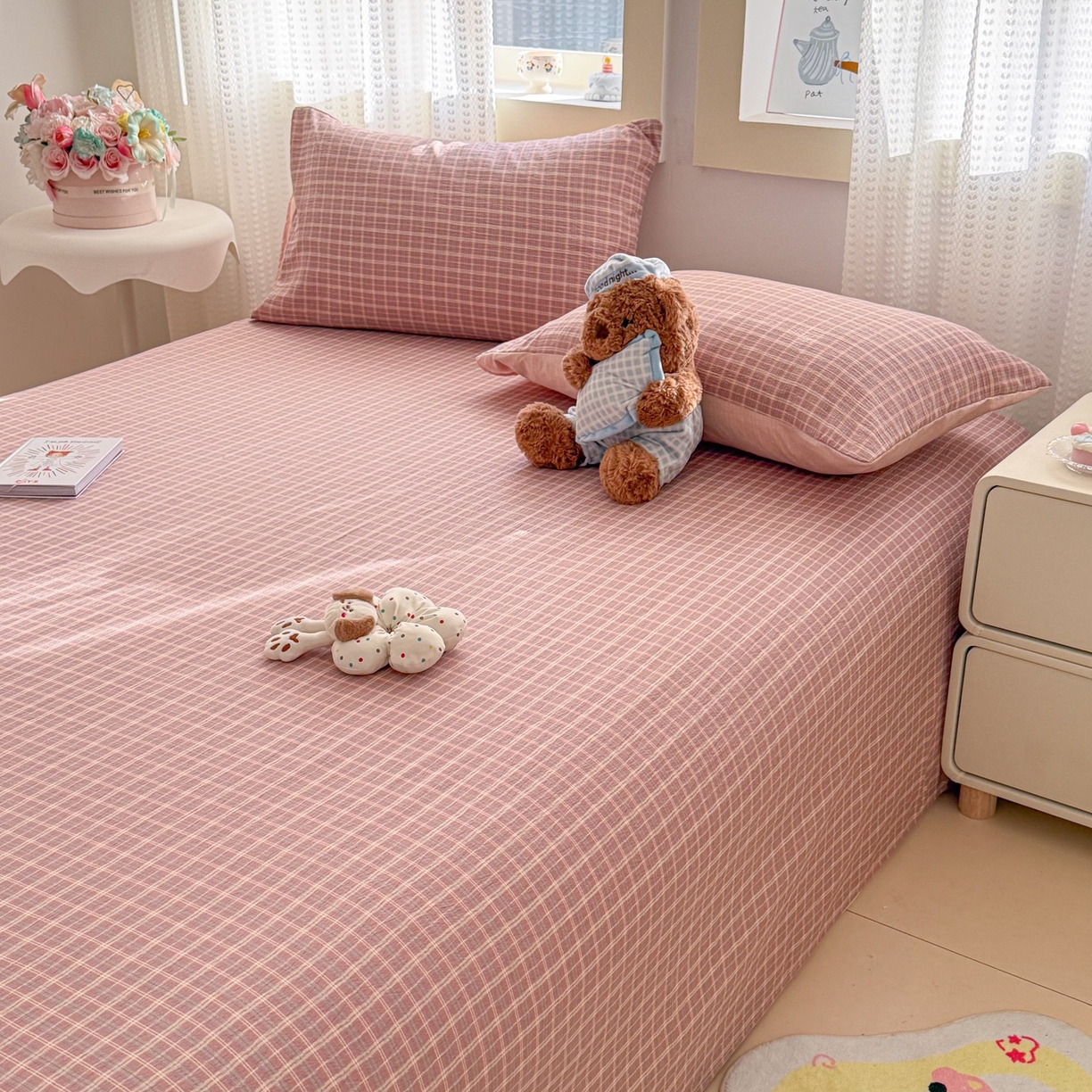 91家纺网 家纺一手货源 找家纺 丽美人家纺 2026新款A类皱皱双层纱印花单床单床单单件 英伦红格