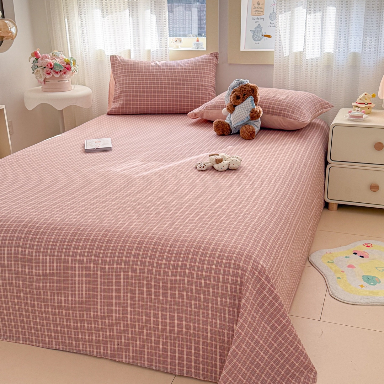 91家纺网 家纺一手货源 找家纺 丽美人家纺 2026新款A类皱皱双层纱印花单床单床单单件 英伦红格