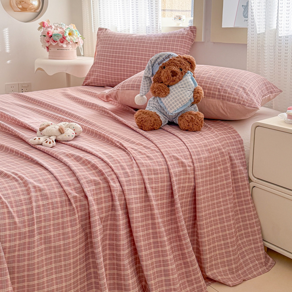 91家纺网 家纺一手货源 找家纺 丽美人家纺 2026新款A类皱皱双层纱印花单床单床单单件 英伦红格