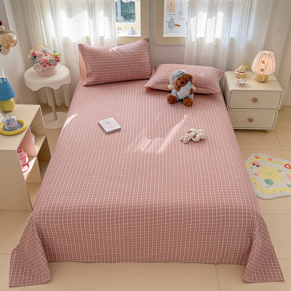 91家纺网 家纺一手货源 找家纺 丽美人家纺 2026新款A类皱皱双层纱印花单床单床单单件 英伦红格