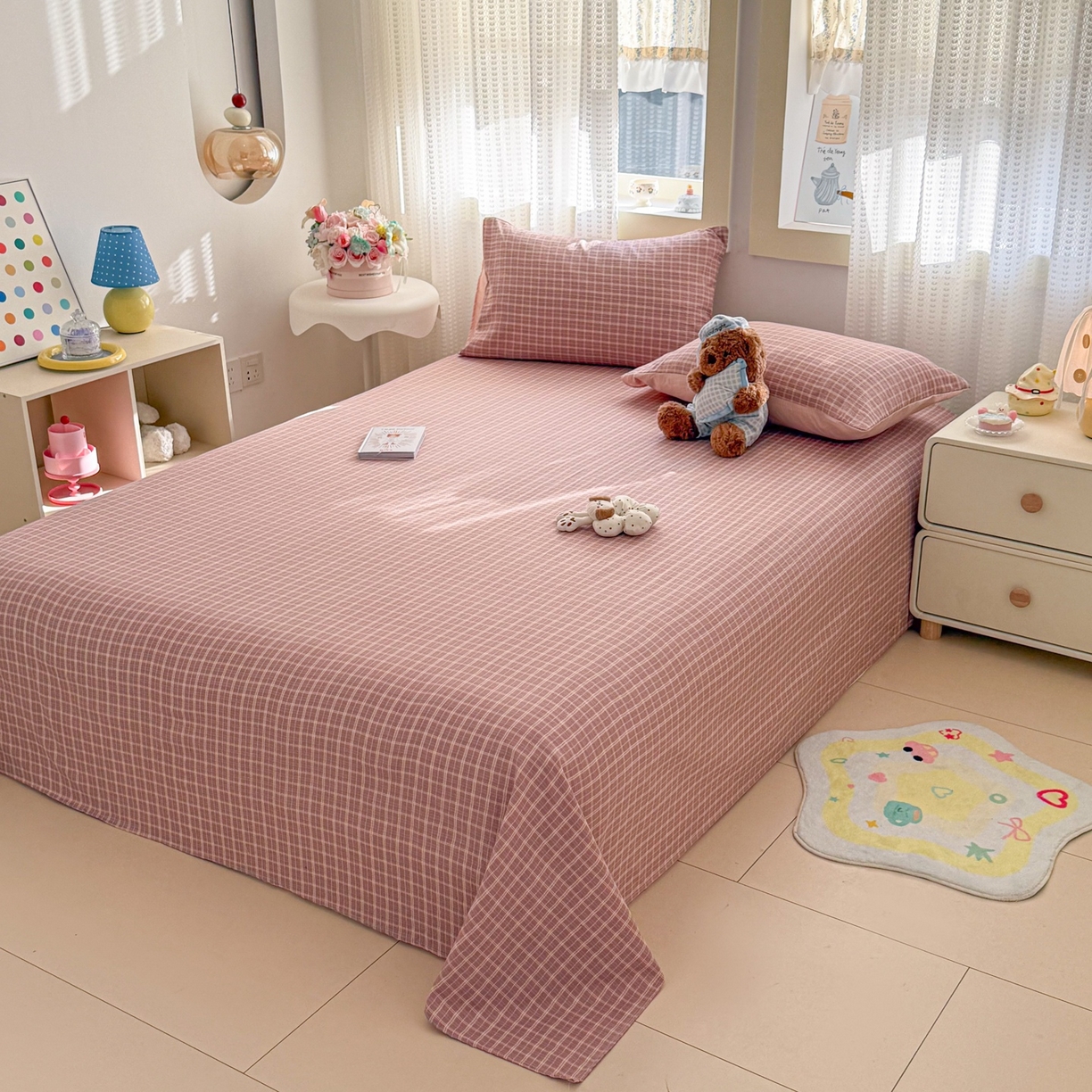 91家纺网 家纺一手货源 找家纺 丽美人家纺 2026新款A类皱皱双层纱印花单床单床单单件 英伦红格