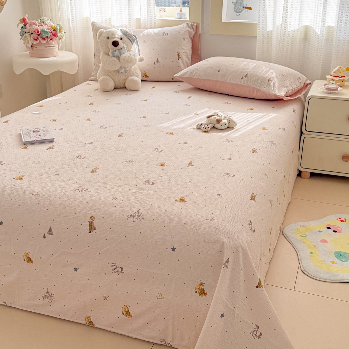 91家纺网 家纺一手货源 找家纺 丽美人家纺 2026新款A类皱皱双层纱印花单床单床单单件 月境骑踪