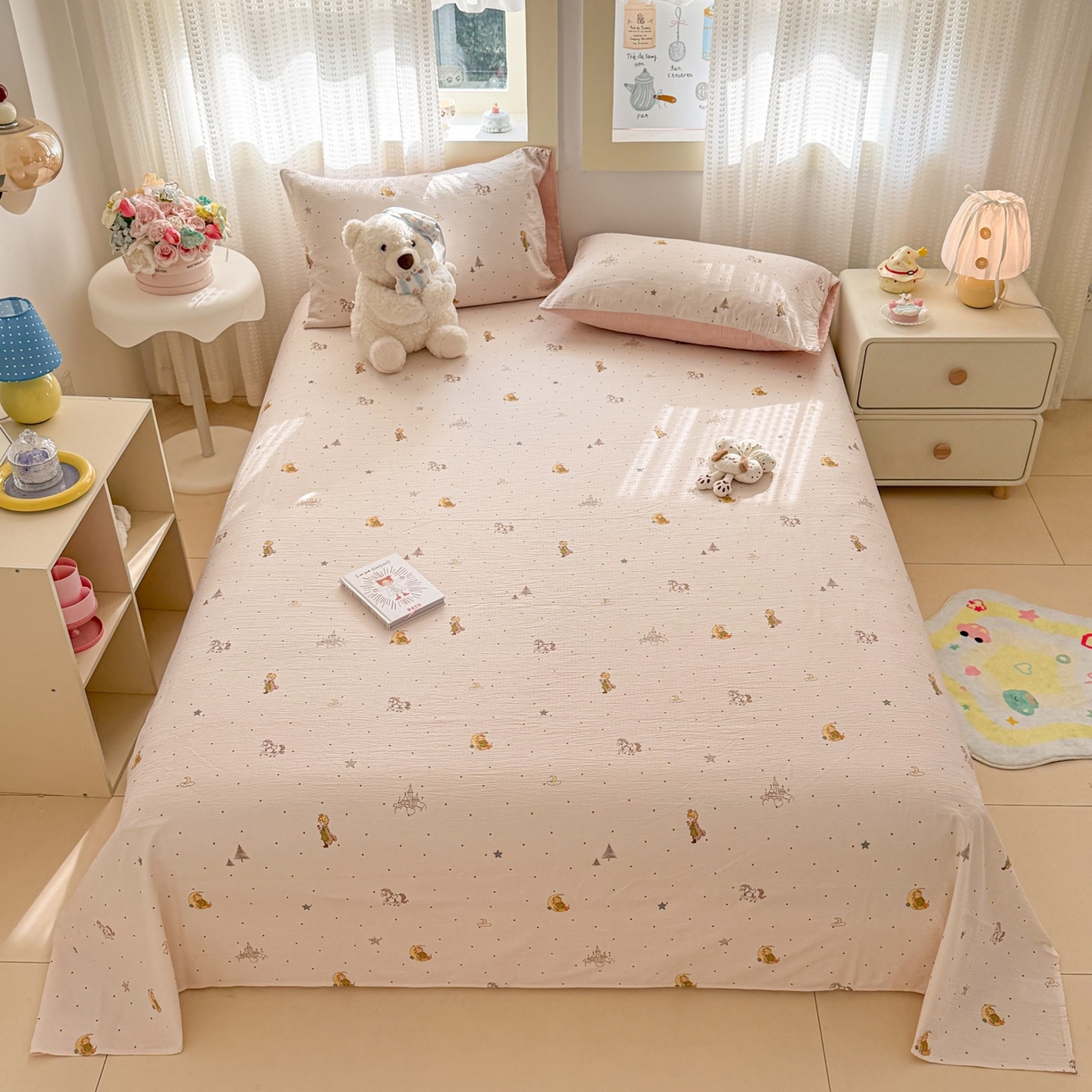 91家纺网 家纺一手货源 找家纺 丽美人家纺 2026新款A类皱皱双层纱印花单床单床单单件 月境骑踪