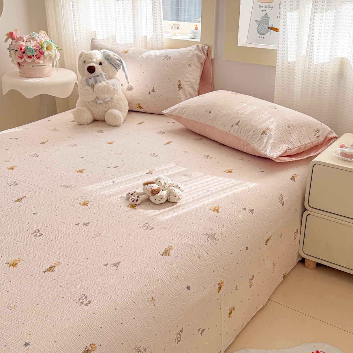 91家纺网 家纺一手货源 找家纺 丽美人家纺 2026新款A类皱皱双层纱印花单床单床单单件 月境骑踪