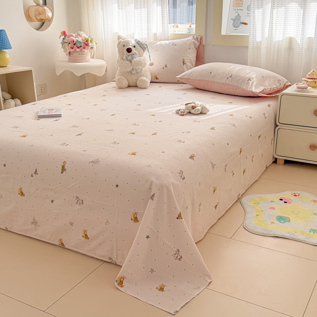 91家纺网 家纺一手货源 找家纺 丽美人家纺 2026新款A类皱皱双层纱印花单床单床单单件 月境骑踪