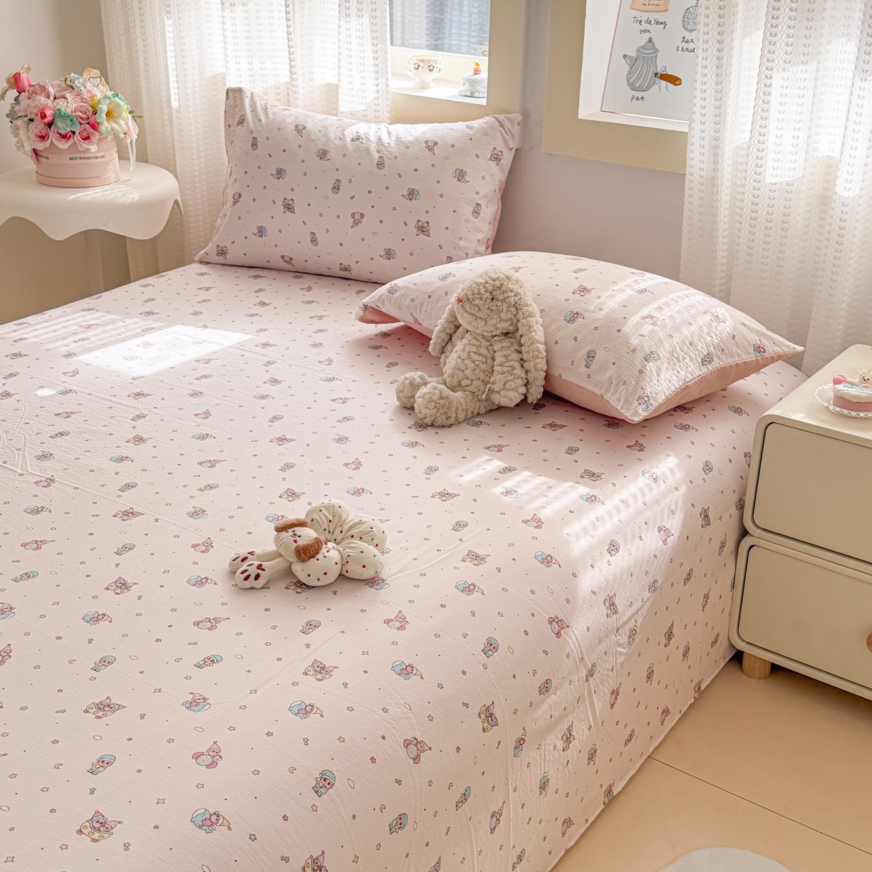 91家纺网 家纺一手货源 找家纺 丽美人家纺 2026新款A类皱皱双层纱印花单床单床单单件 云间童梦