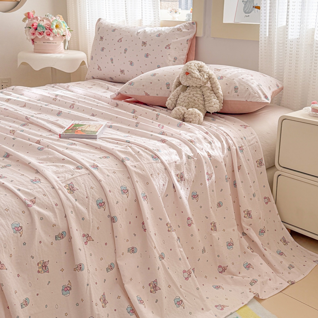 91家纺网 家纺一手货源 找家纺 丽美人家纺 2026新款A类皱皱双层纱印花单床单床单单件 云间童梦