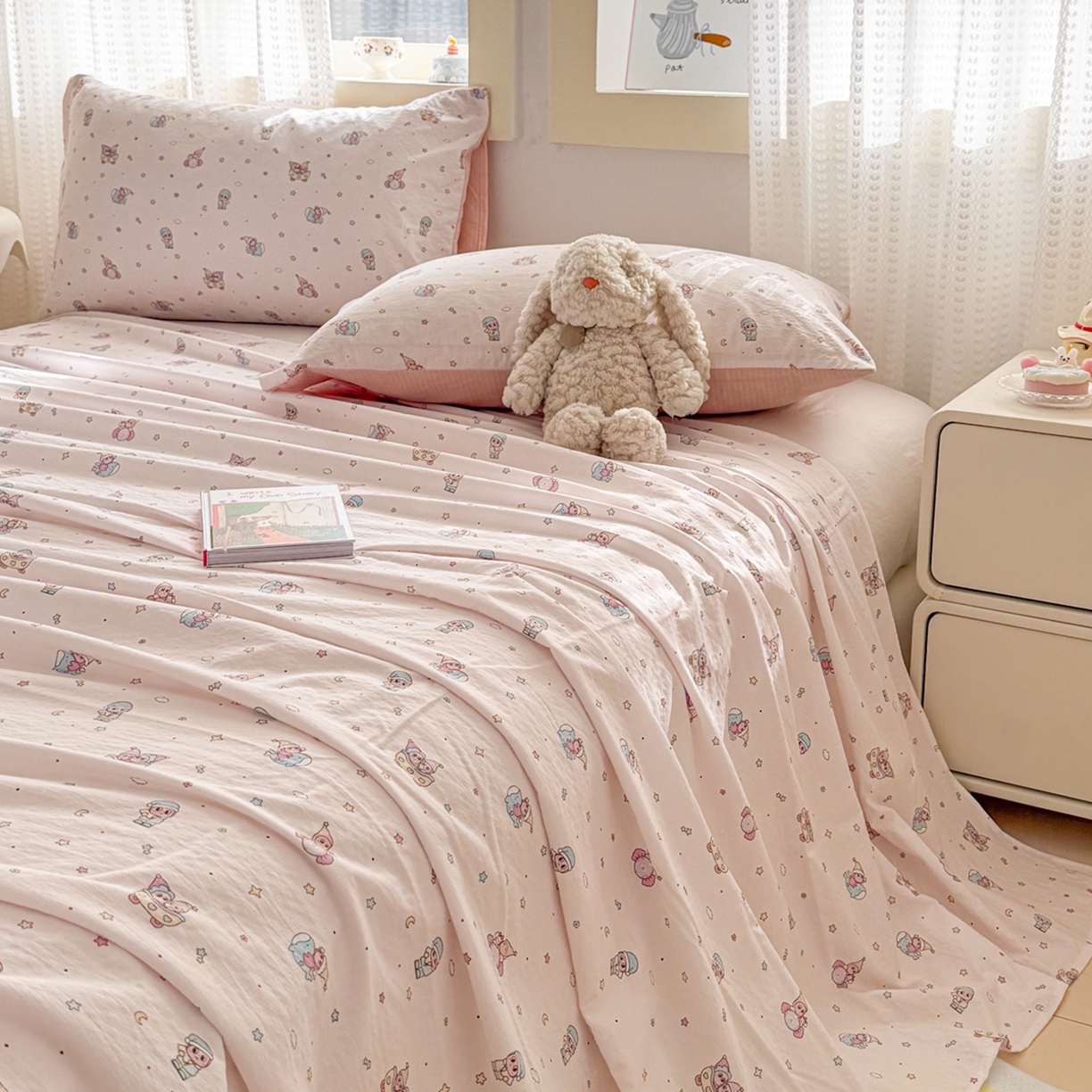 91家纺网 家纺一手货源 找家纺 丽美人家纺 2026新款A类皱皱双层纱印花单床单床单单件 云间童梦