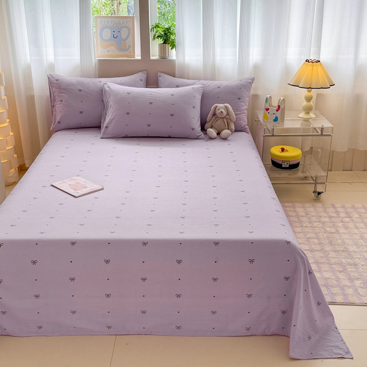 91家纺网 家纺一手货源 找家纺 丽美人家纺 2026新款A类皱皱双层纱印花单床单床单单件 紫色蝴蝶结