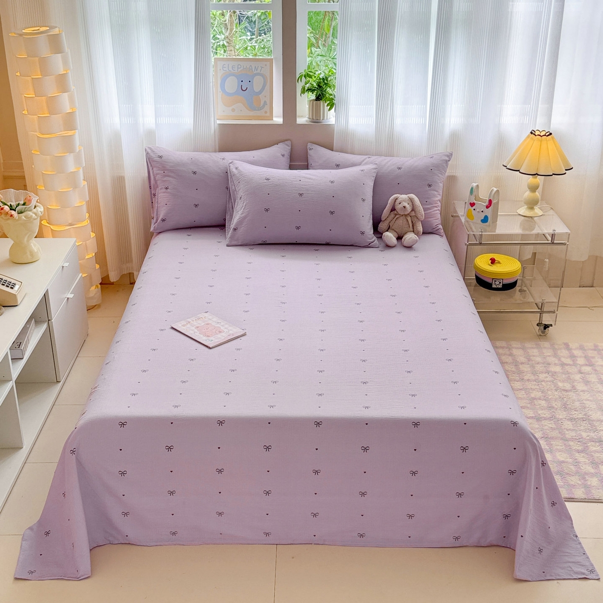 91家纺网 家纺一手货源 找家纺 丽美人家纺 2026新款A类皱皱双层纱印花单床单床单单件 紫色蝴蝶结