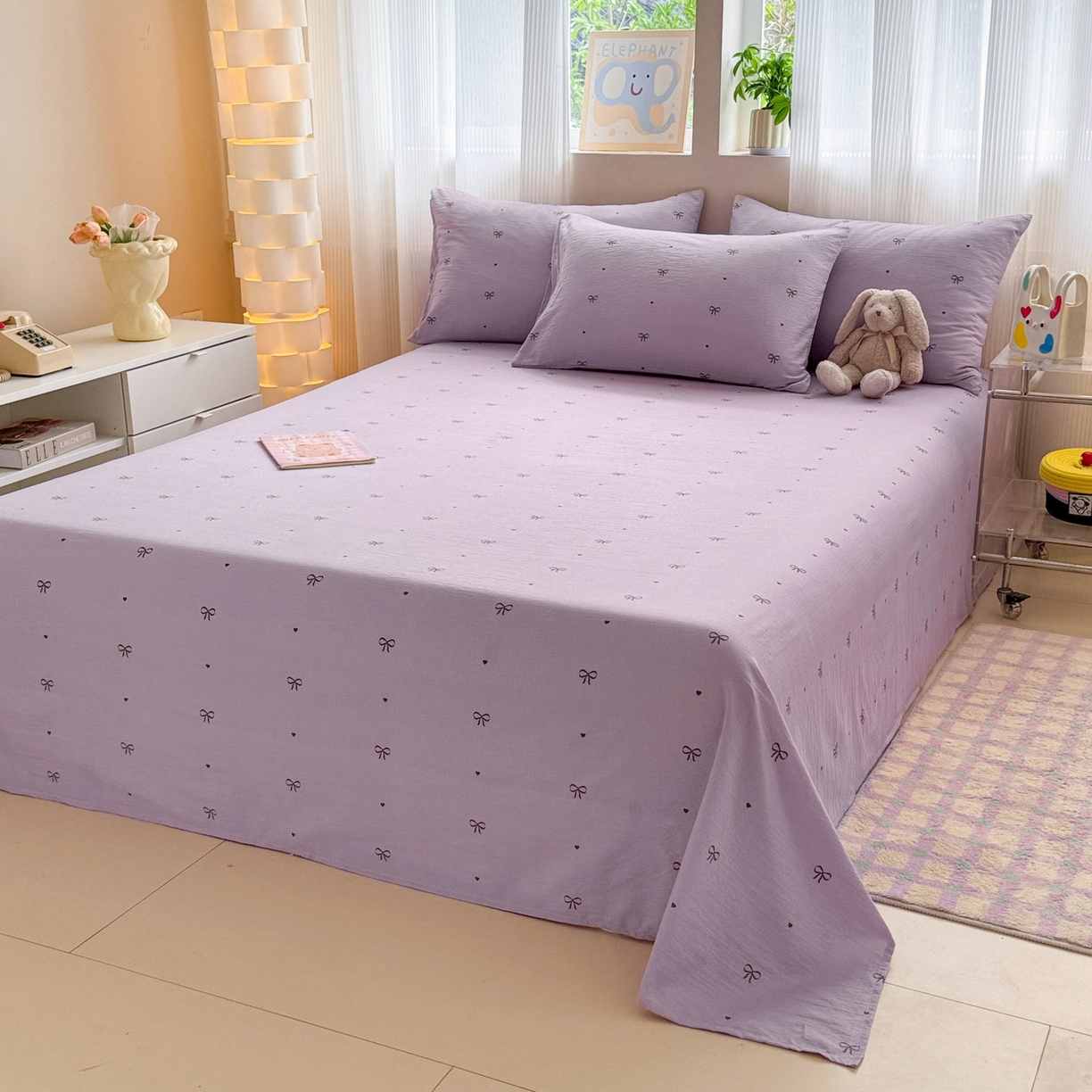 91家纺网 家纺一手货源 找家纺 丽美人家纺 2026新款A类皱皱双层纱印花单床单床单单件 紫色蝴蝶结