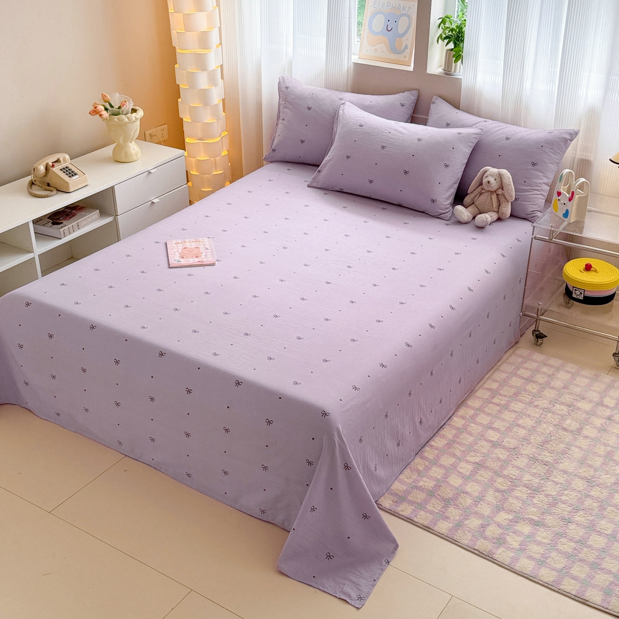 91家纺网 家纺一手货源 找家纺 丽美人家纺 2026新款A类皱皱双层纱印花单床单床单单件 紫色蝴蝶结