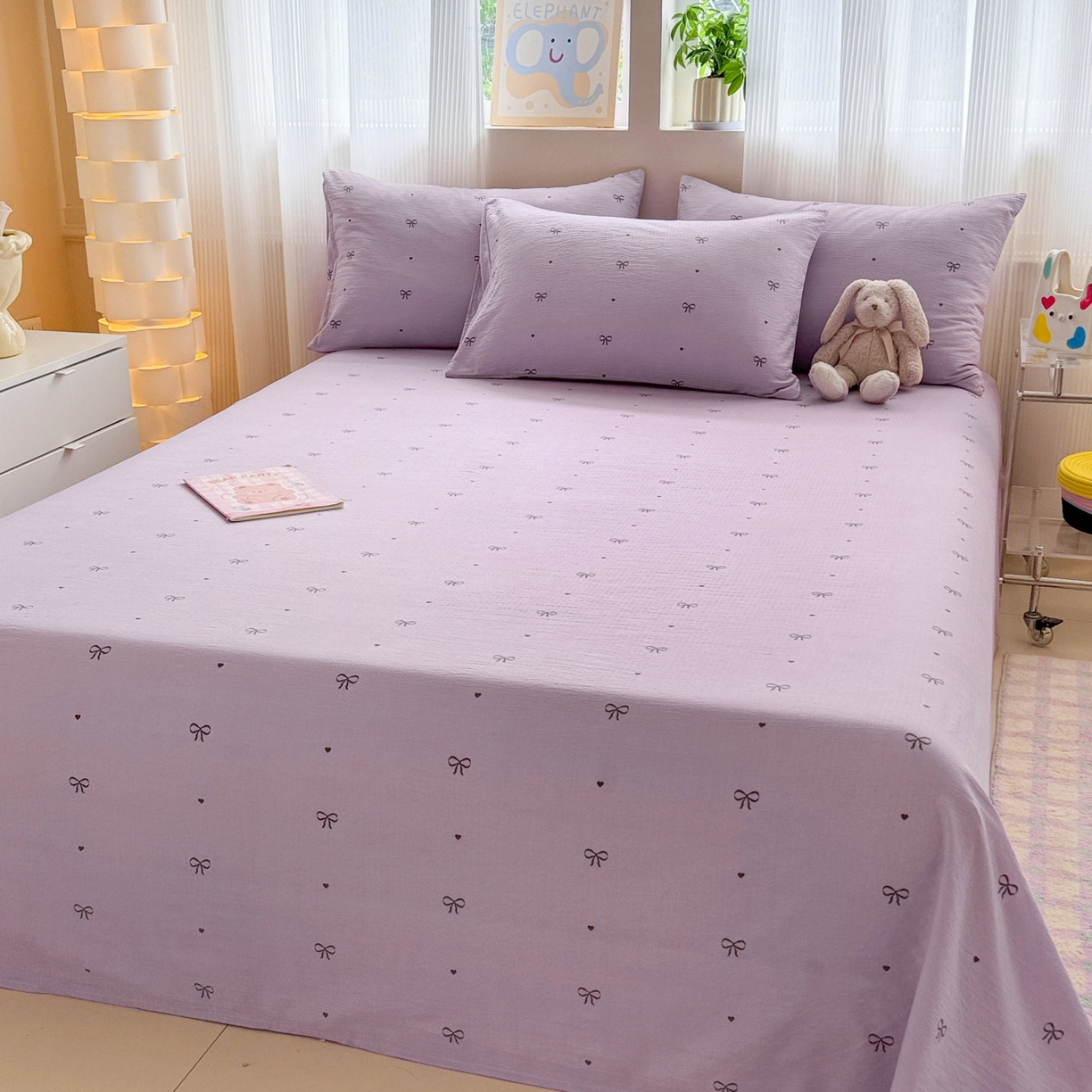 91家纺网 家纺一手货源 找家纺 丽美人家纺 2026新款A类皱皱双层纱印花单床单床单单件 紫色蝴蝶结