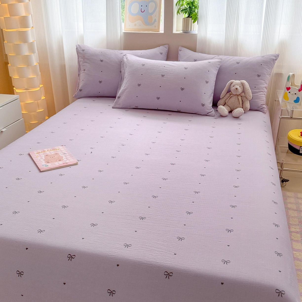 91家纺网 家纺一手货源 找家纺 丽美人家纺 2026新款A类皱皱双层纱印花单床单床单单件 紫色蝴蝶结