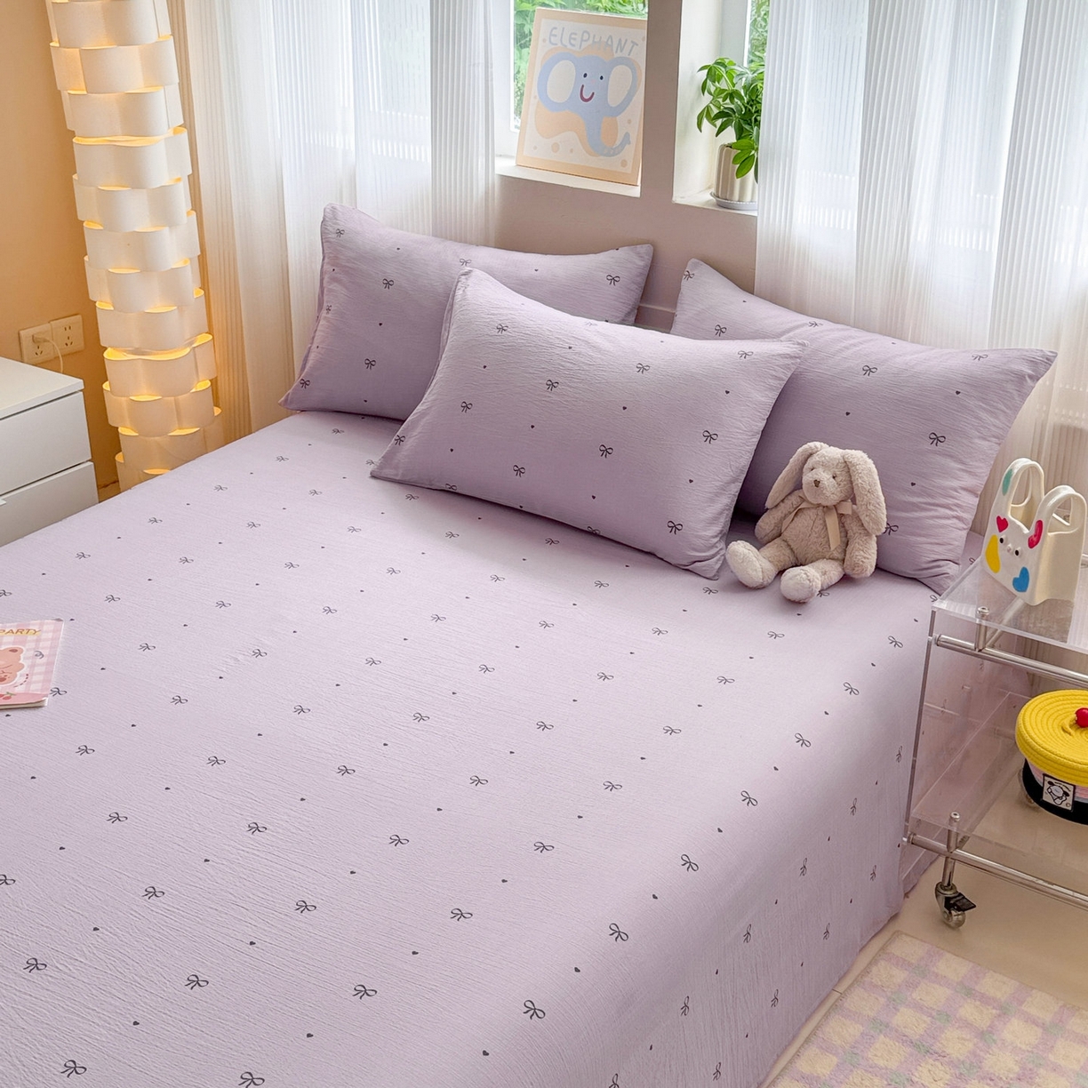 91家纺网 家纺一手货源 找家纺 丽美人家纺 2026新款A类皱皱双层纱印花单床单床单单件 紫色蝴蝶结