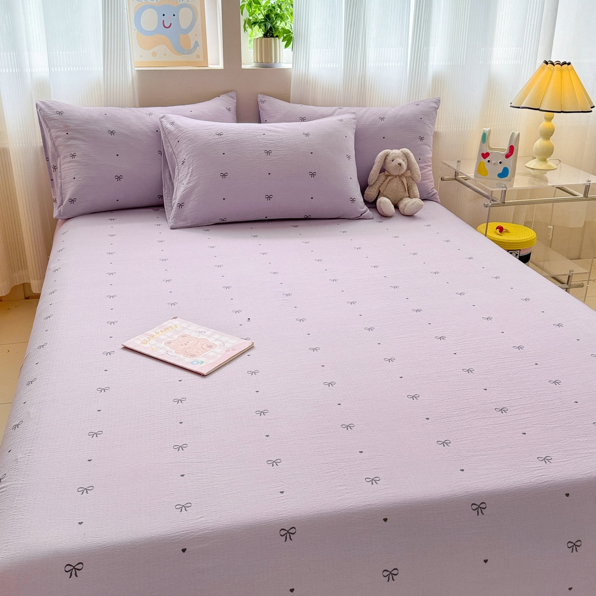 91家纺网 家纺一手货源 找家纺 丽美人家纺 2026新款A类皱皱双层纱印花单床单床单单件 紫色蝴蝶结