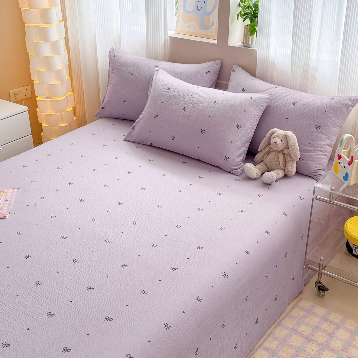 91家纺网 家纺一手货源 找家纺 丽美人家纺 2026新款A类皱皱双层纱印花单床单床单单件 紫色蝴蝶结