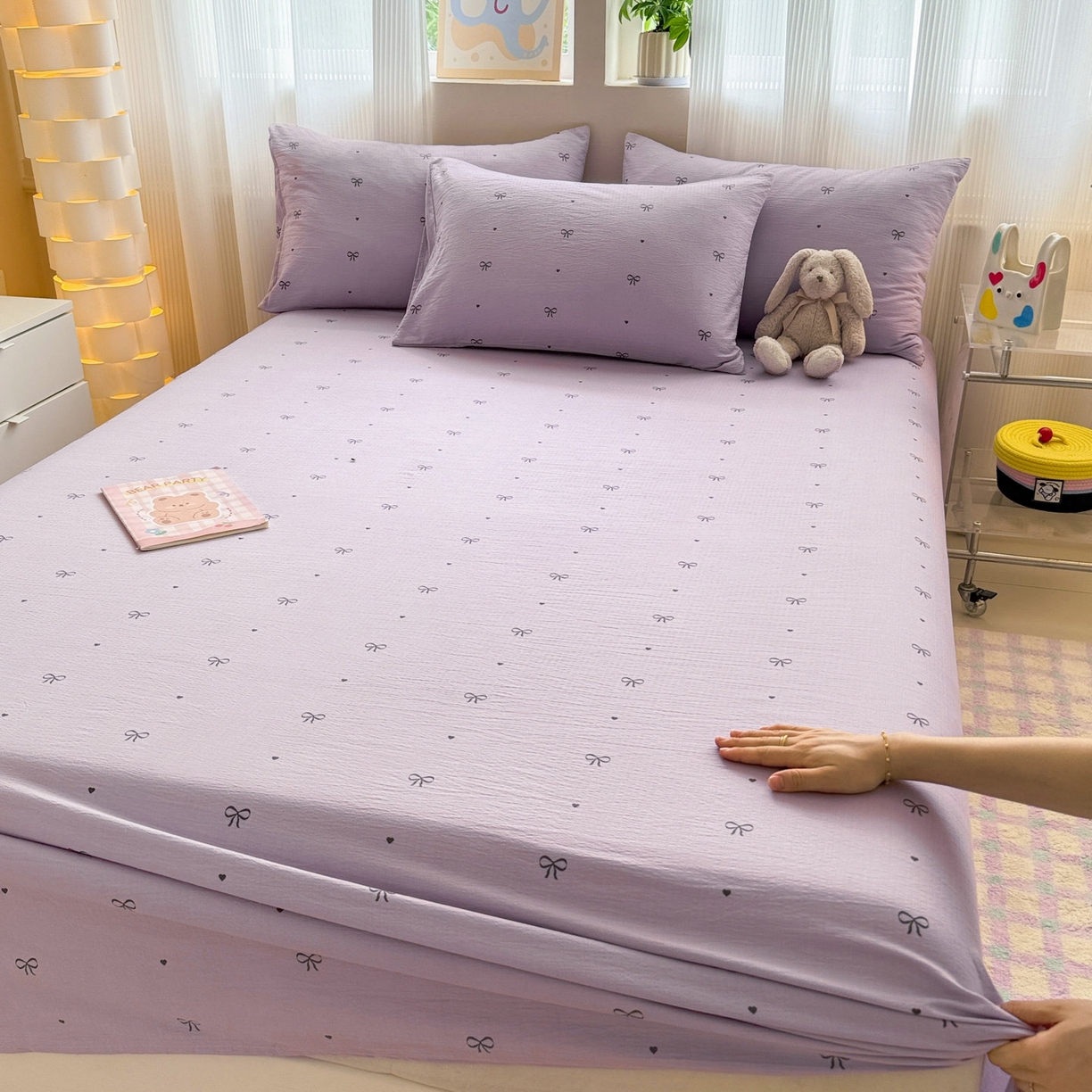 91家纺网 家纺一手货源 找家纺 丽美人家纺 2026新款A类皱皱双层纱印花单床单床单单件 紫色蝴蝶结